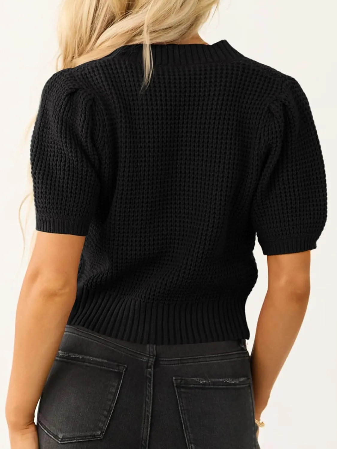 Saodimallsu Womens Puff Short Sleeve Sweater Top Waffle Knit V Neck Spring Summer Cropped Trendy Cute Shirts Blouses