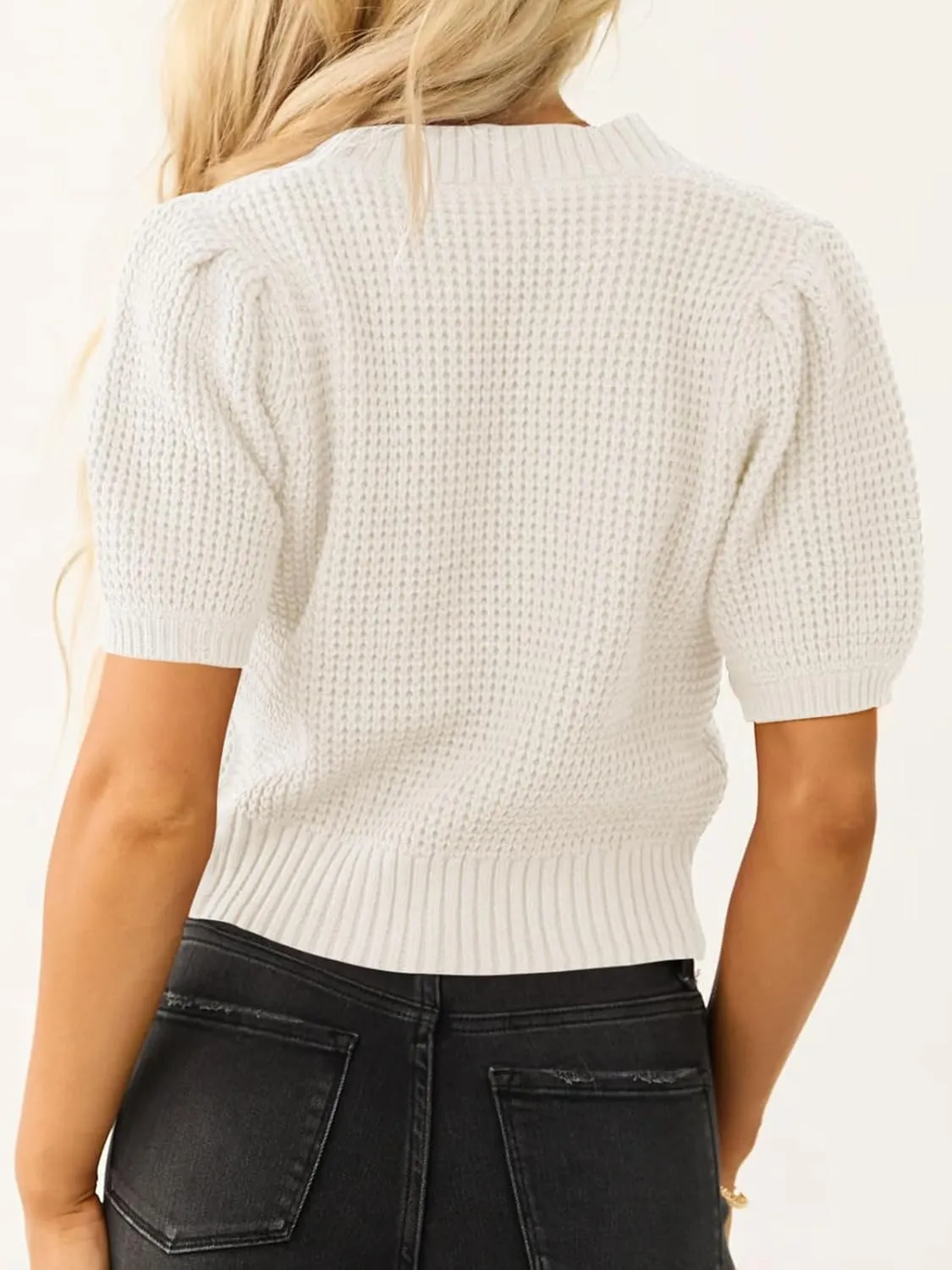 Saodimallsu Womens Puff Short Sleeve Sweater Top Waffle Knit V Neck Spring Summer Cropped Trendy Cute Shirts Blouses
