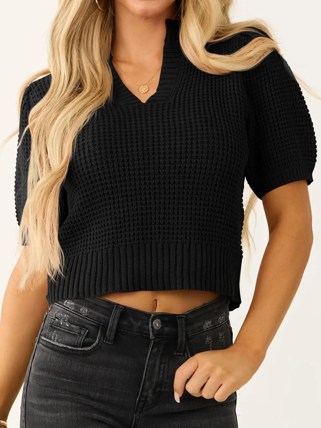 Saodimallsu Womens Puff Short Sleeve Sweater Top Waffle Knit V Neck Spring Summer Cropped Trendy Cute Shirts Blouses