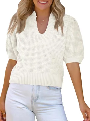 Saodimallsu Womens Puff Short Sleeve Sweater Top Waffle Knit V Neck Spring Summer Cropped Trendy Cute Shirts Blouses