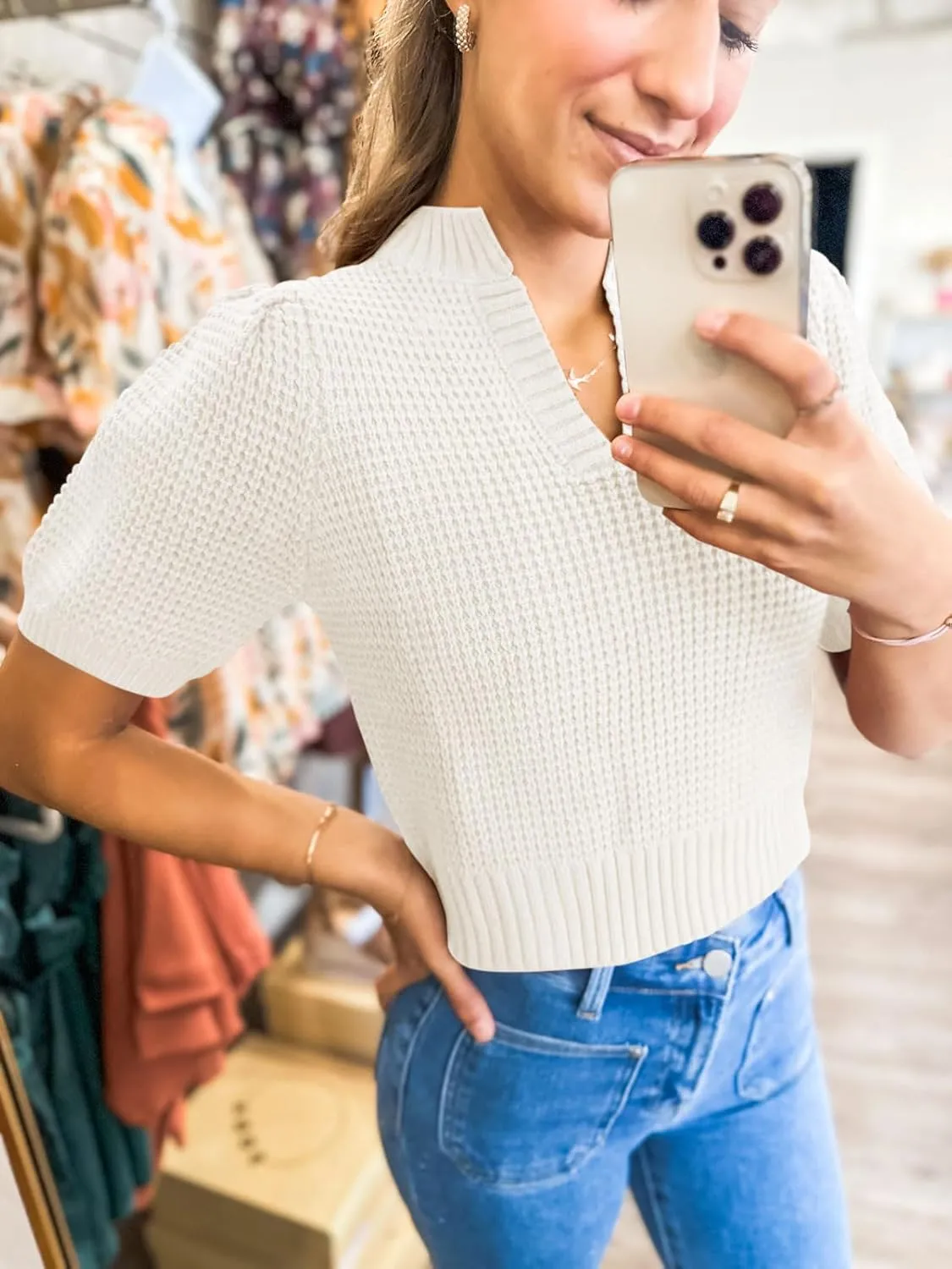 Saodimallsu Womens Puff Short Sleeve Sweater Top Waffle Knit V Neck Spring Summer Cropped Trendy Cute Shirts Blouses