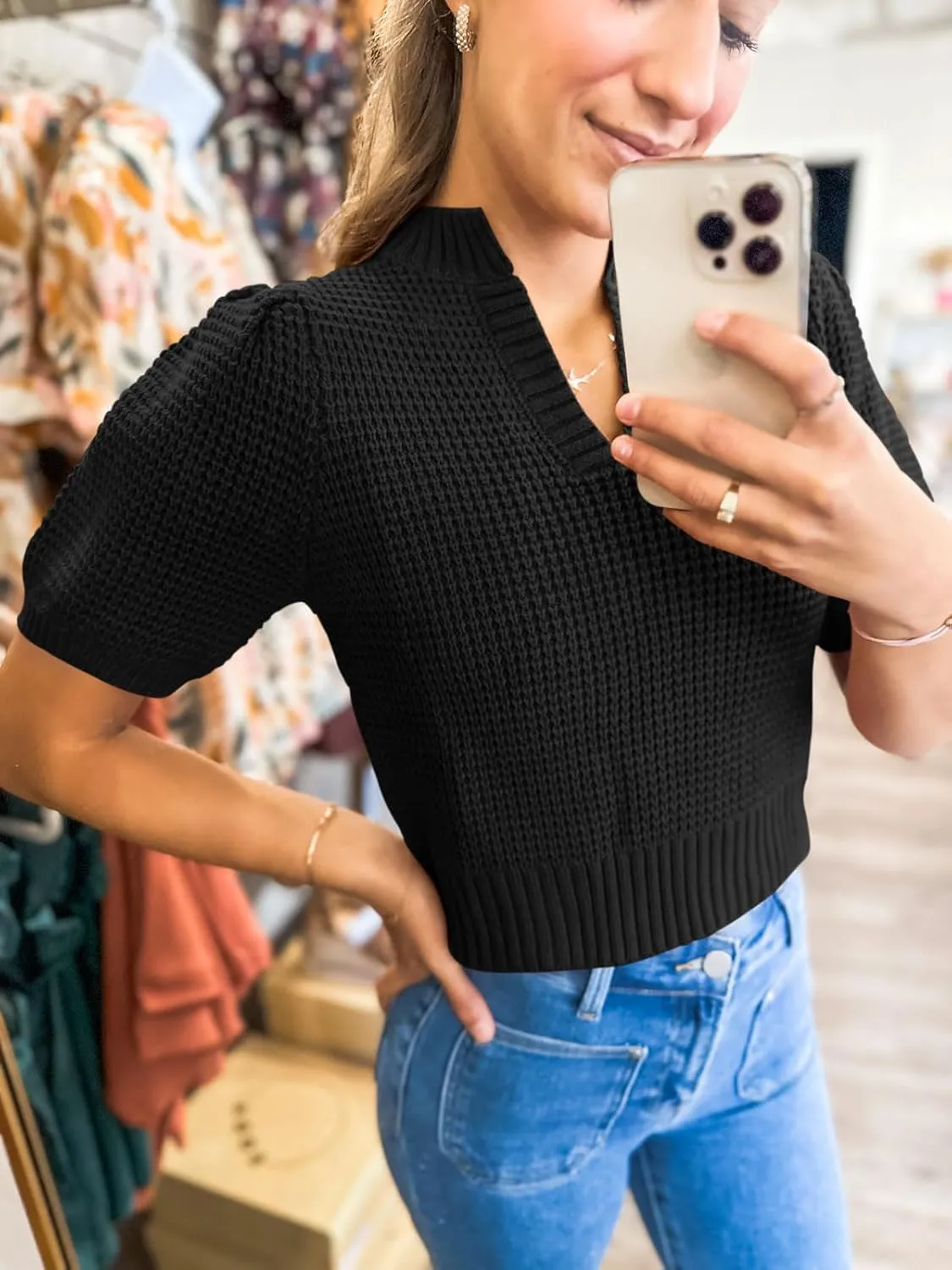 Saodimallsu Womens Puff Short Sleeve Sweater Top Waffle Knit V Neck Spring Summer Cropped Trendy Cute Shirts Blouses