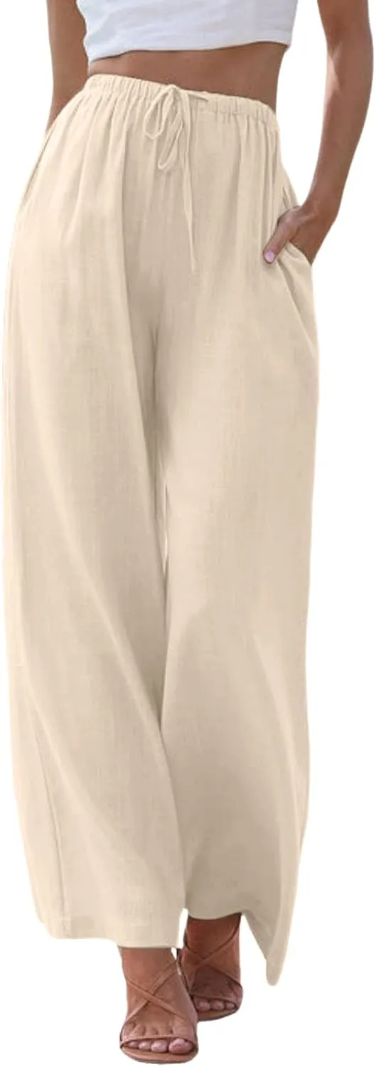 sdbrld Pantalones De Lino De Las Mujeres Linen Wide Leg Pants for Women Shorts Linen Pants Women Summer,Womens Linen Pants with Pockets High Waist Adjustable Knot Casual Trousers (Z41-Beige, XL)