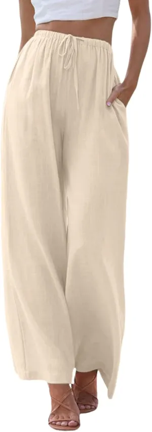 sdbrld Pantalones De Lino De Las Mujeres Linen Wide Leg Pants for Women Shorts Linen Pants Women Summer,Womens Linen Pants with Pockets High Waist Adjustable Knot Casual Trousers (Z41-Beige, XL)