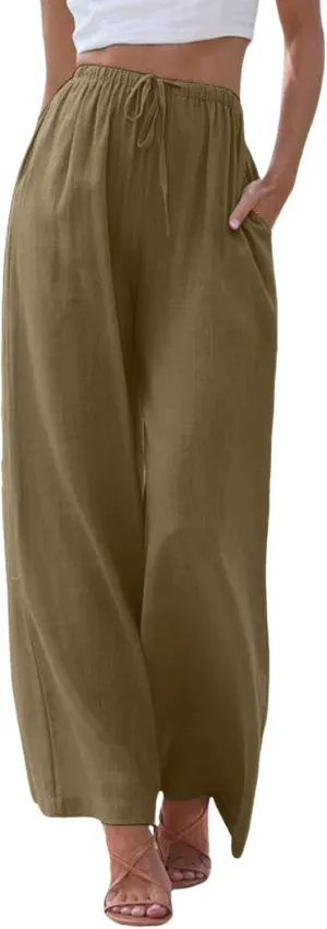 sdbrld Pantalones De Lino De Las Mujeres Linen Wide Leg Pants for Women Shorts Linen Pants Women Summer,Womens Linen Pants with Pockets High Waist Adjustable Knot Casual Trousers (Z41-Brown, XL)