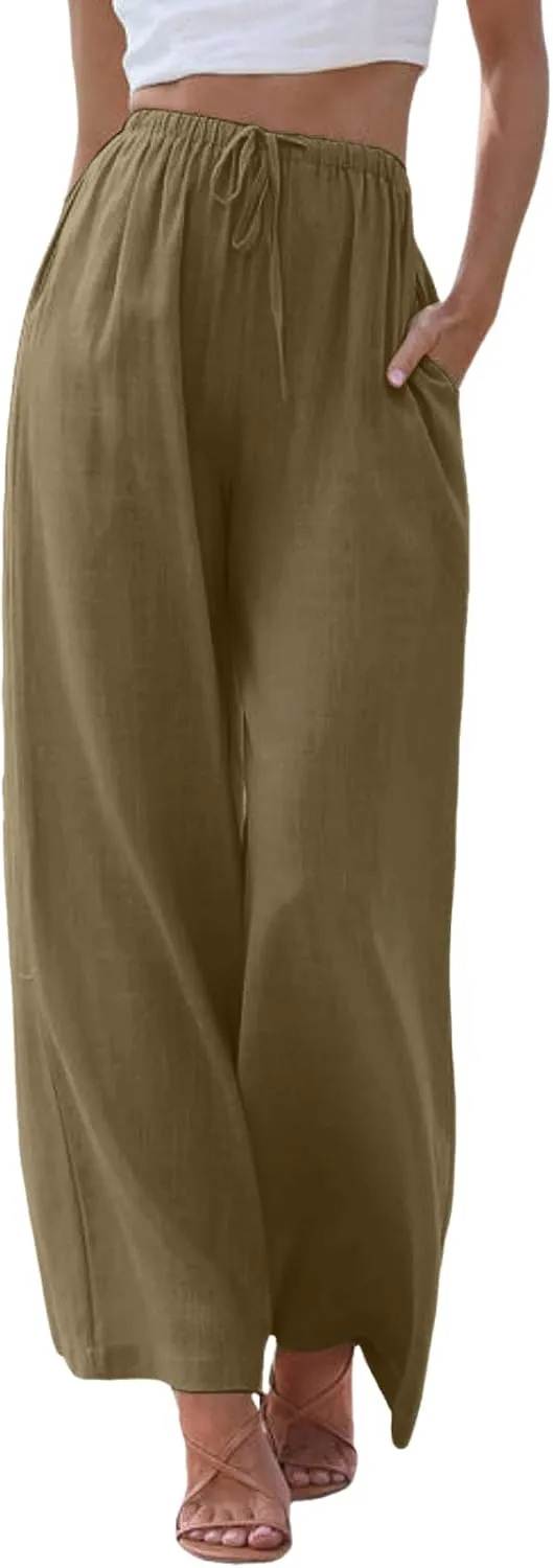 sdbrld Pantalones De Lino De Las Mujeres Linen Wide Leg Pants for Women Shorts Linen Pants Women Summer,Womens Linen Pants with Pockets High Waist Adjustable Knot Casual Trousers (Z41-Brown, XL)