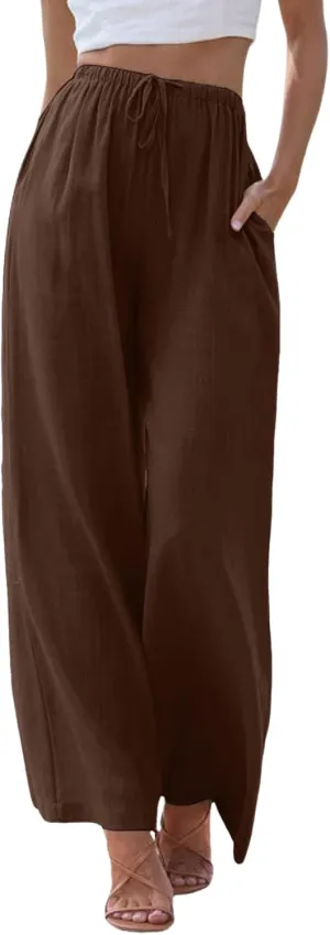 sdbrld Pantalones De Lino De Las Mujeres Linen Wide Leg Pants for Women Shorts Linen Pants Women Summer,Womens Linen Pants with Pockets High Waist Adjustable Knot Casual Trousers (Z41-Coffee, XXXL)