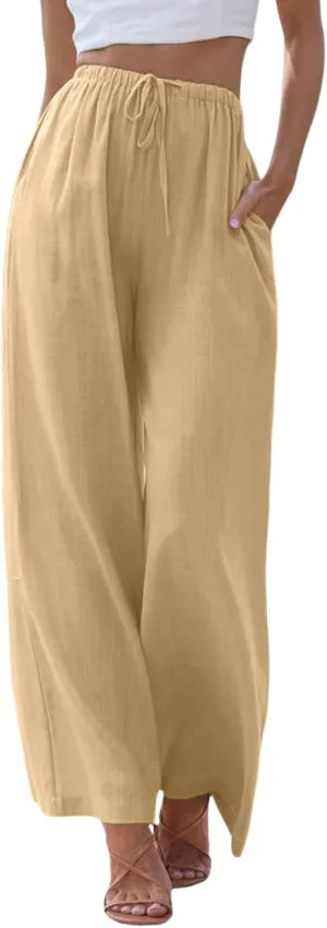 sdbrld Pantalones De Lino De Las Mujeres Linen Wide Leg Pants for Women Shorts Linen Pants Women Summer,Womens Linen Pants with Pockets High Waist Adjustable Knot Casual Trousers (Z41-Khaki, XXXL)