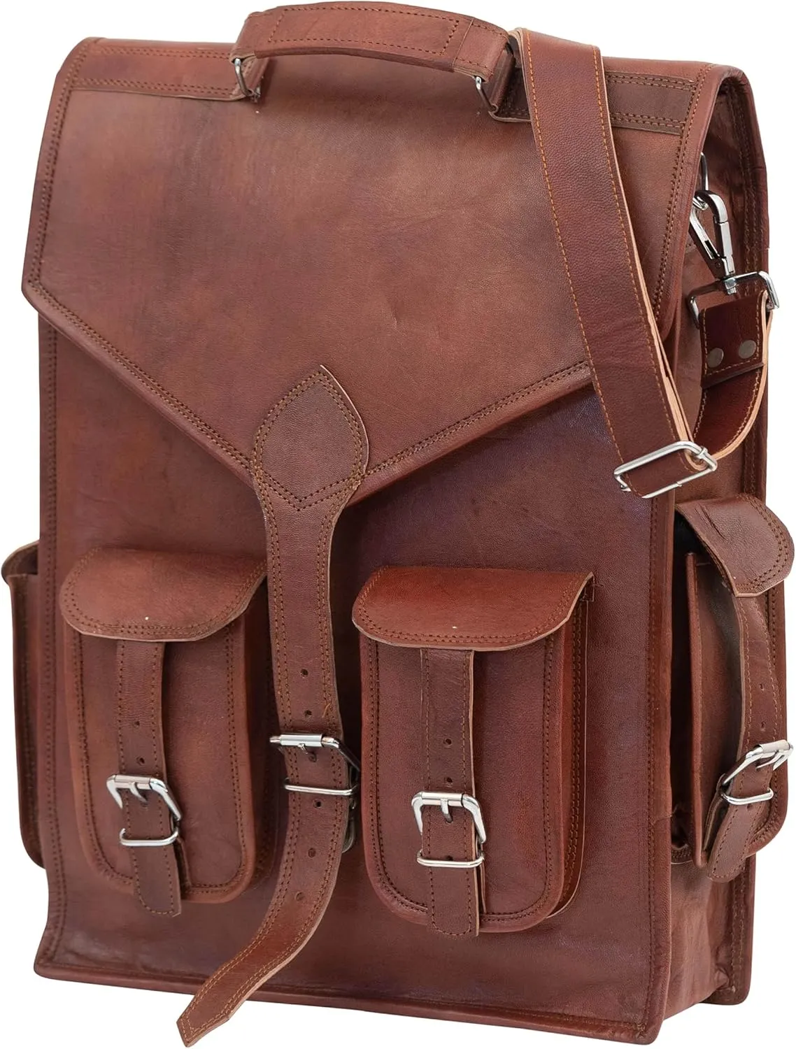 Shy Shy Lets Touch The Sky 18 inch Brown Premium Leather Laptop Backpack Work Stylish and Practical 2-in-1 Design Handmade Sling Backpack for Men's & Women's Travel Rucksack