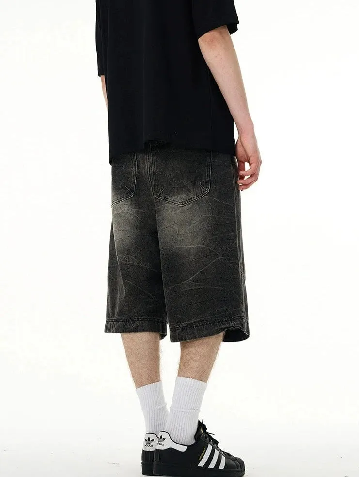 Slim Faded Denim Knee-Length Straight Shorts