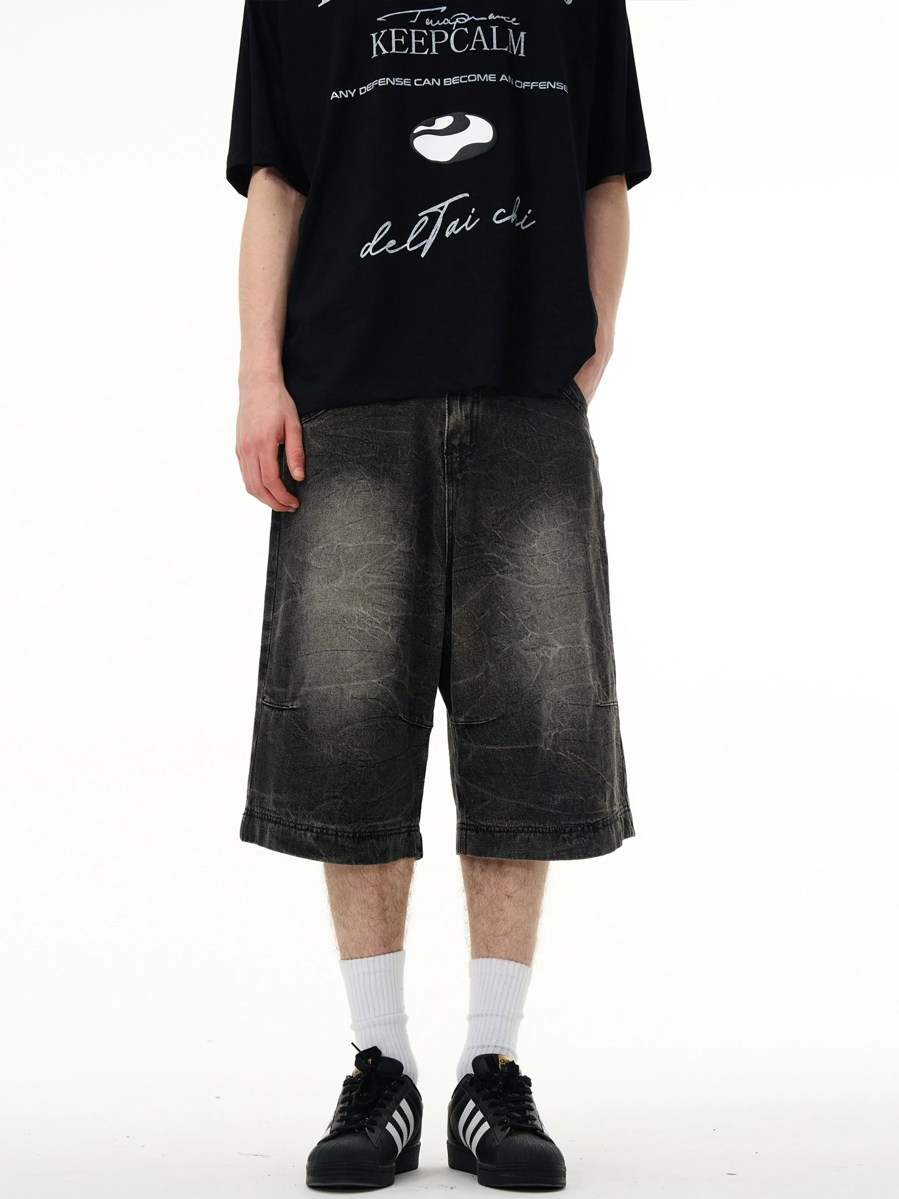 Slim Faded Denim Knee-Length Straight Shorts