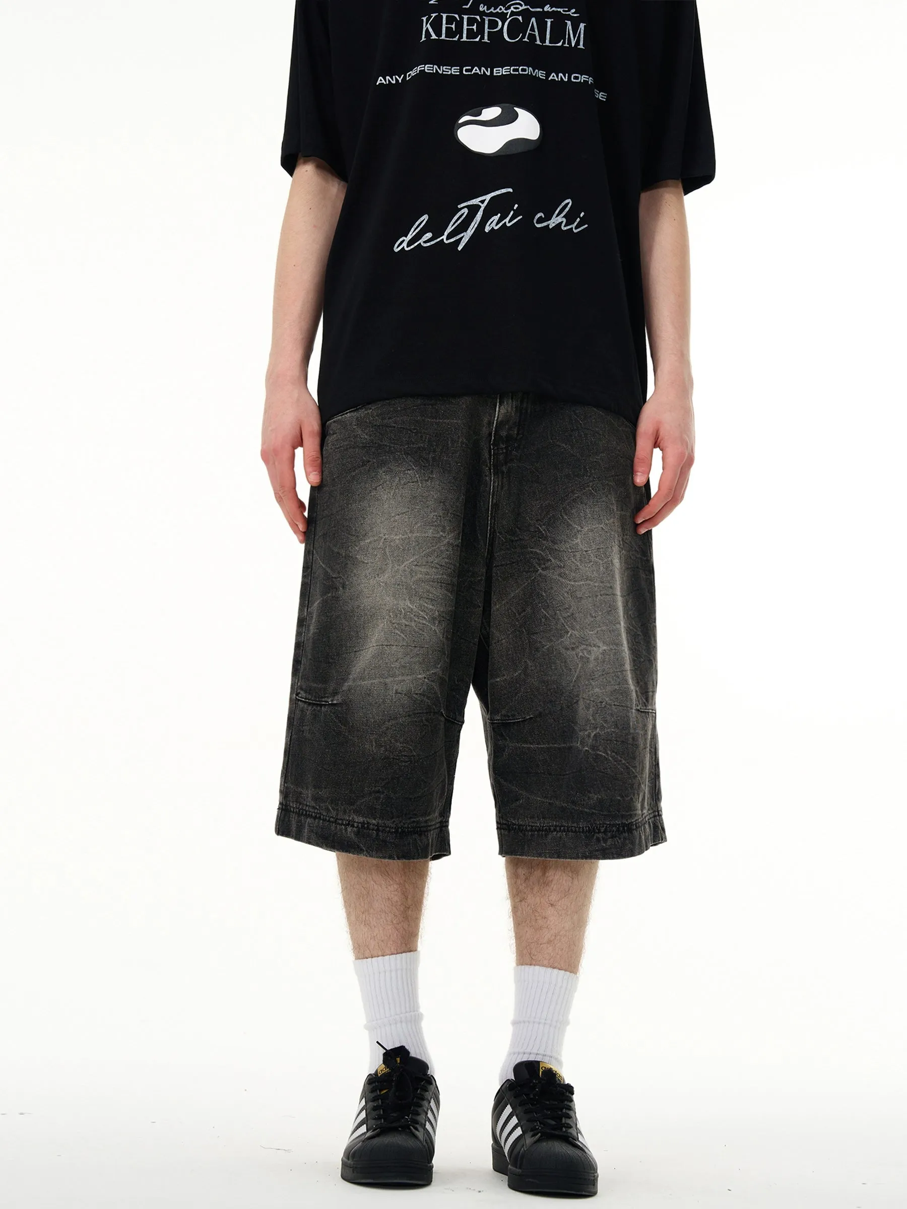Slim Faded Denim Knee-Length Straight Shorts