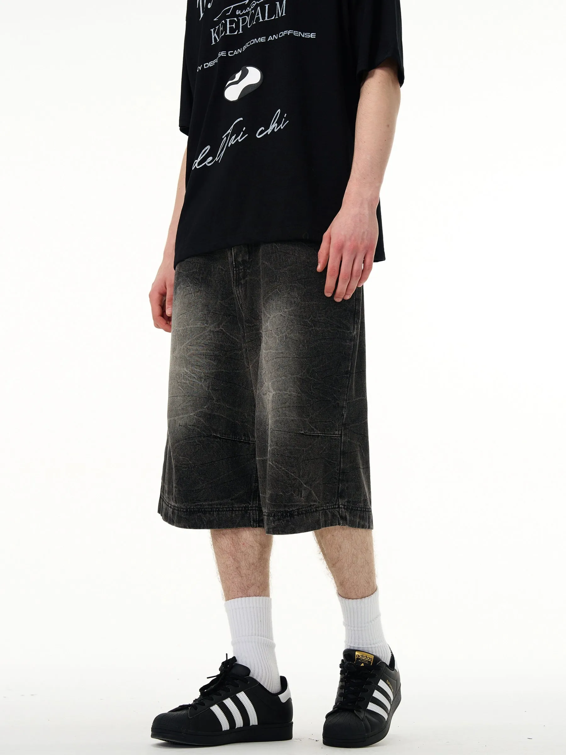 Slim Faded Denim Knee-Length Straight Shorts