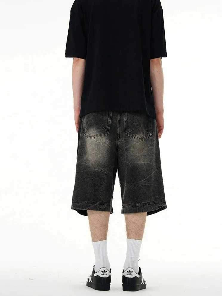 Slim Faded Denim Knee-Length Straight Shorts