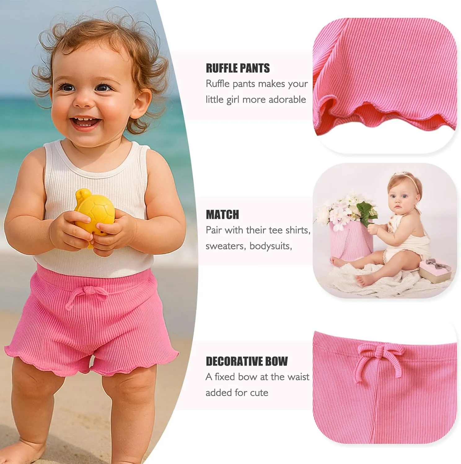 SOBOWO Toddler Girl Shorts Ribbed 3 Pack Baby Girls Solid Soft Elastic Waist Casual Playing Shorts Summer Short Pants