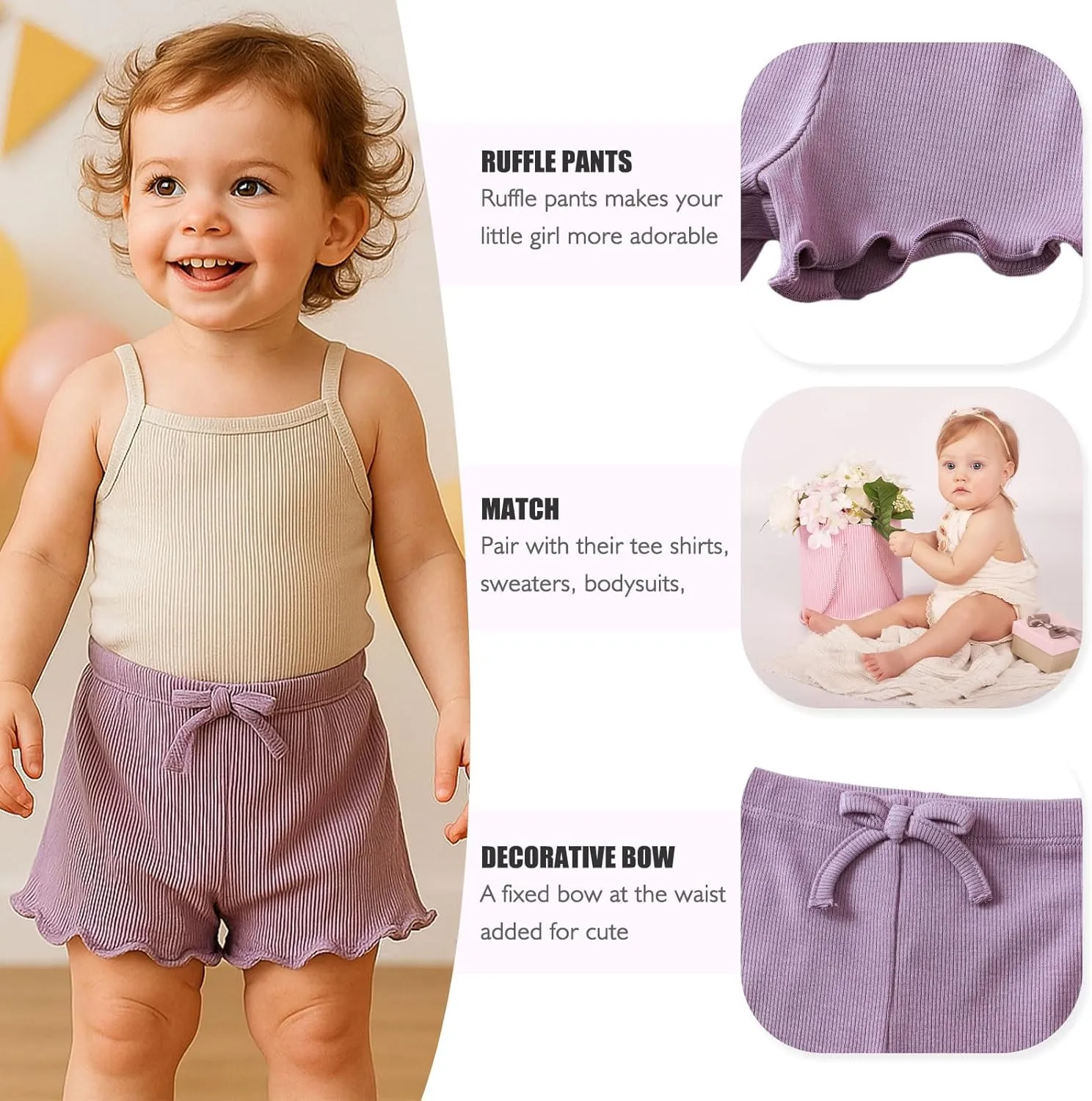 SOBOWO Toddler Girl Shorts Ribbed 3 Pack Baby Girls Solid Soft Elastic Waist Casual Playing Shorts Summer Short Pants