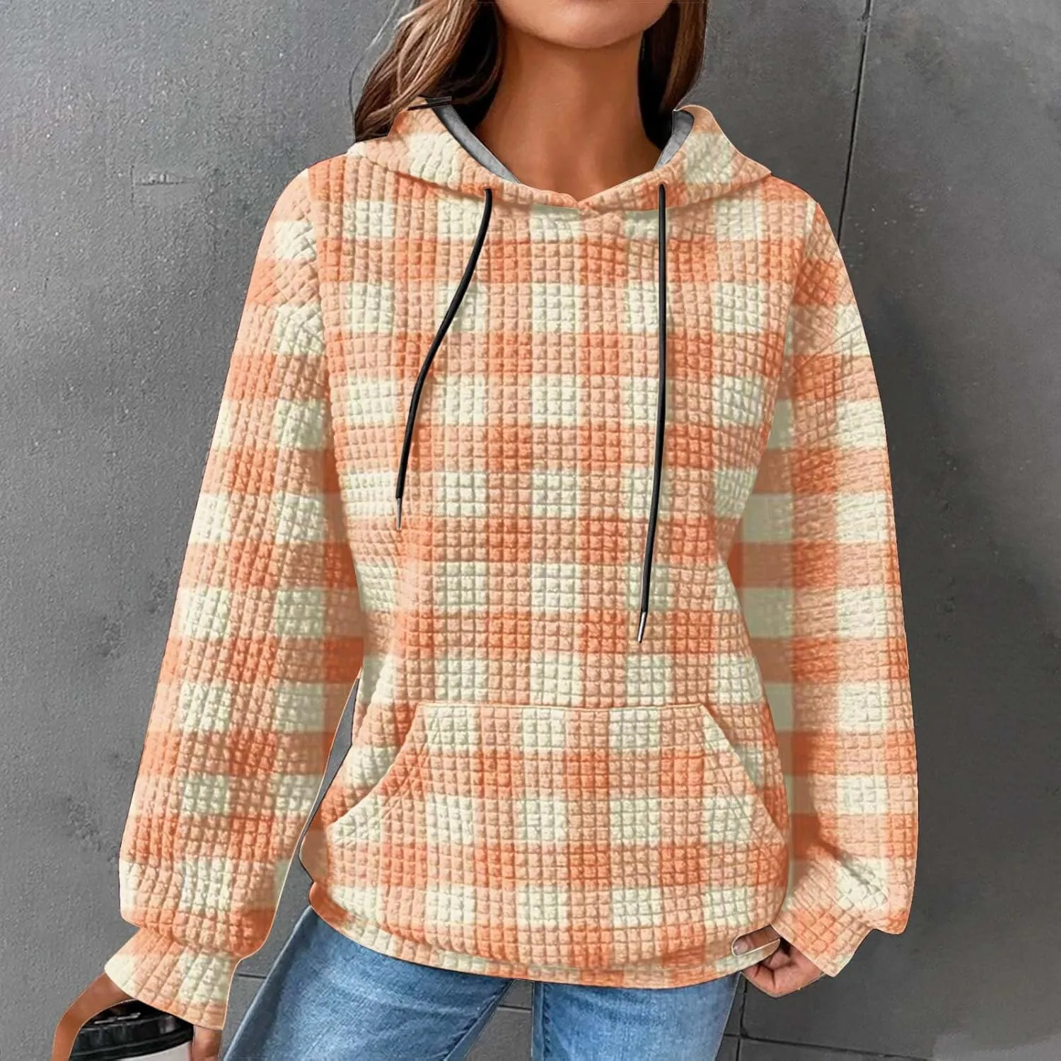 Soft Sweatshirts For Women Graphic Waffle Oversized Hoodies Casual Cute Drawstring Pullover Top Trendy Preppy Clothes