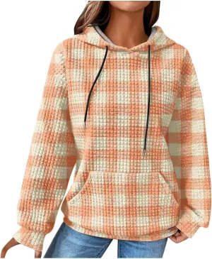 Soft Sweatshirts For Women Graphic Waffle Oversized Hoodies Casual Cute Drawstring Pullover Top Trendy Preppy Clothes