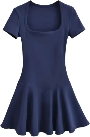 Sports one-Piece Square Neck Short-Sleeved Dress for Women Early New Ballet Style high-Waisted Pleated Skirt Short Skirt