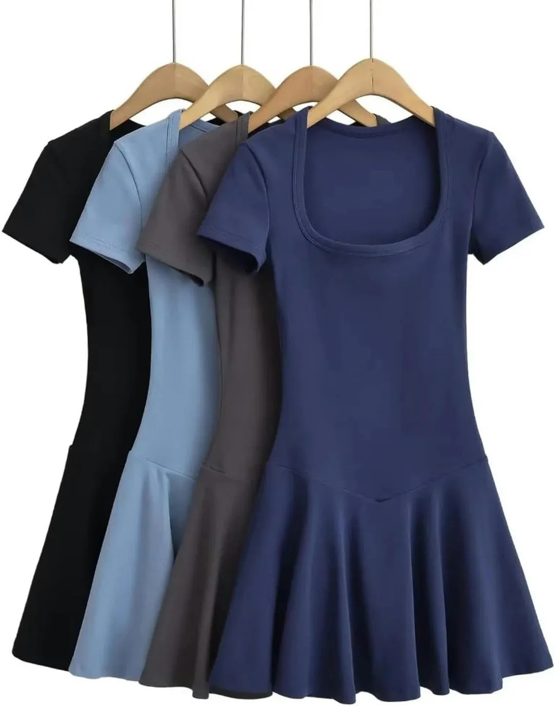 Sports one-Piece Square Neck Short-Sleeved Dress for Women Early New Ballet Style high-Waisted Pleated Skirt Short Skirt