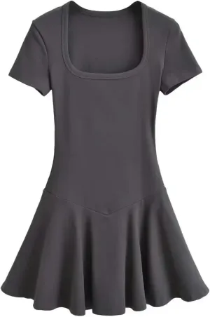 Sports one-Piece Square Neck Short-Sleeved Dress for Women Early New Ballet Style high-Waisted Pleated Skirt Short Skirt
