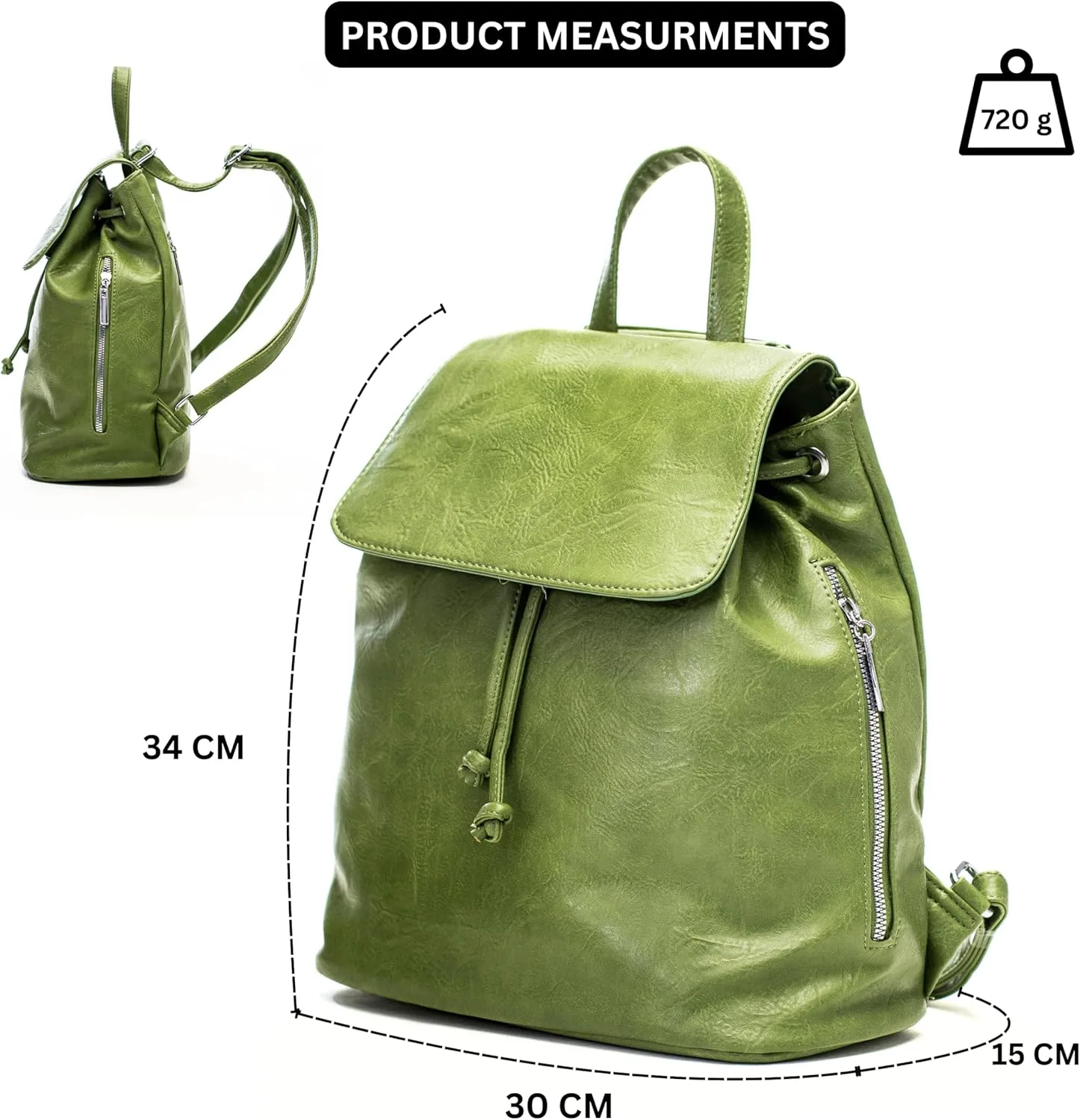Stylish Flap Top Backpack for Women  Travel & Everyday Faux Leather Rucksack with Zip Pockets  Jude (Green)