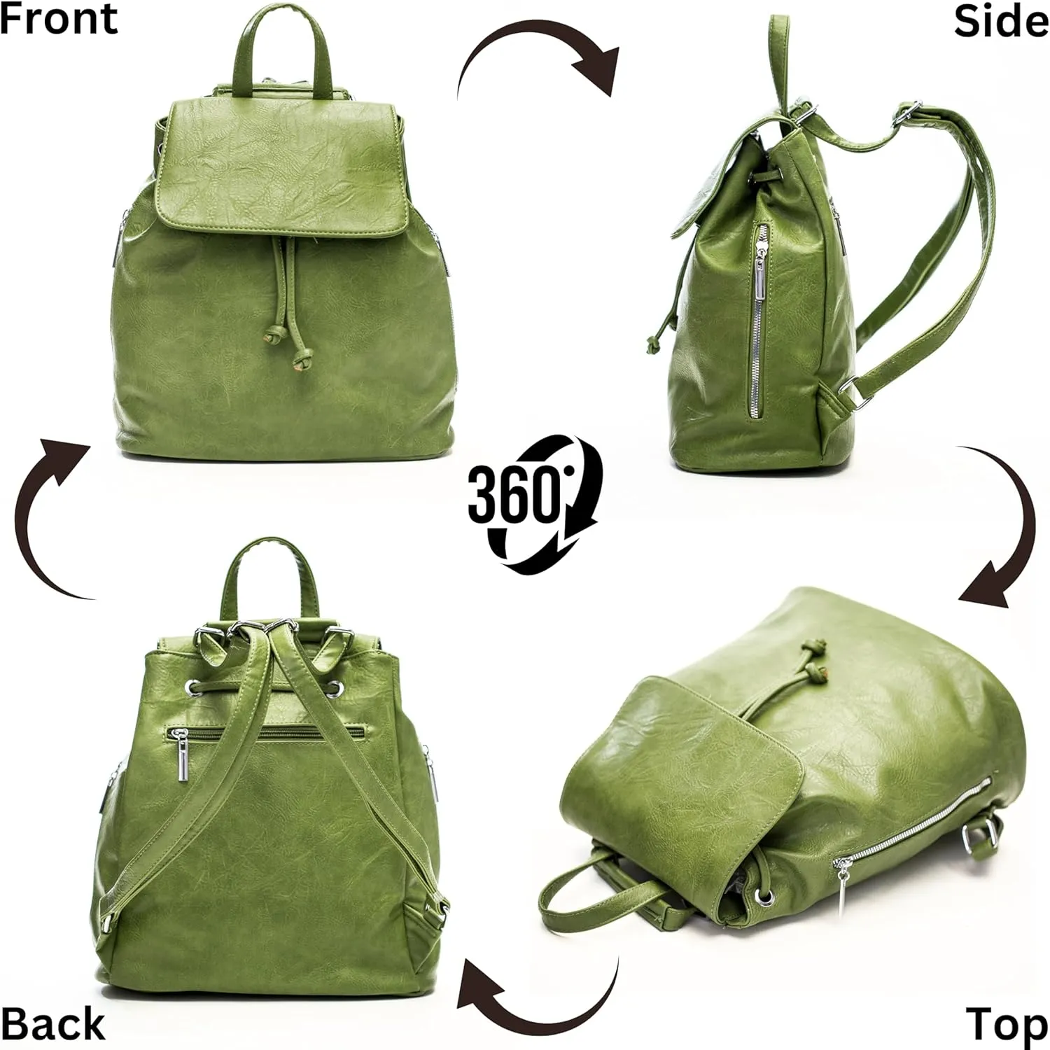Stylish Flap Top Backpack for Women  Travel & Everyday Faux Leather Rucksack with Zip Pockets  Jude (Green)