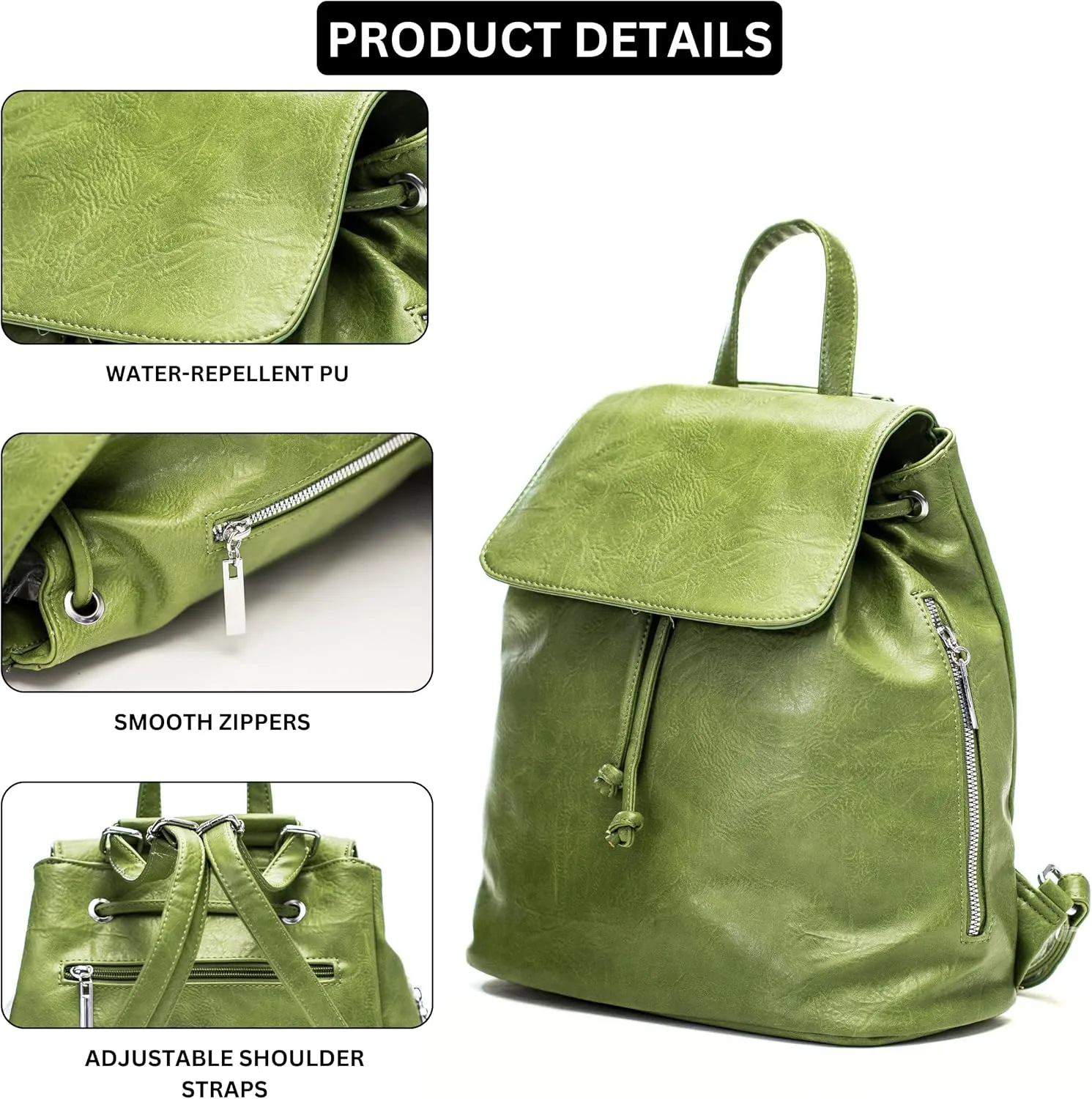 Stylish Flap Top Backpack for Women  Travel & Everyday Faux Leather Rucksack with Zip Pockets  Jude (Green)