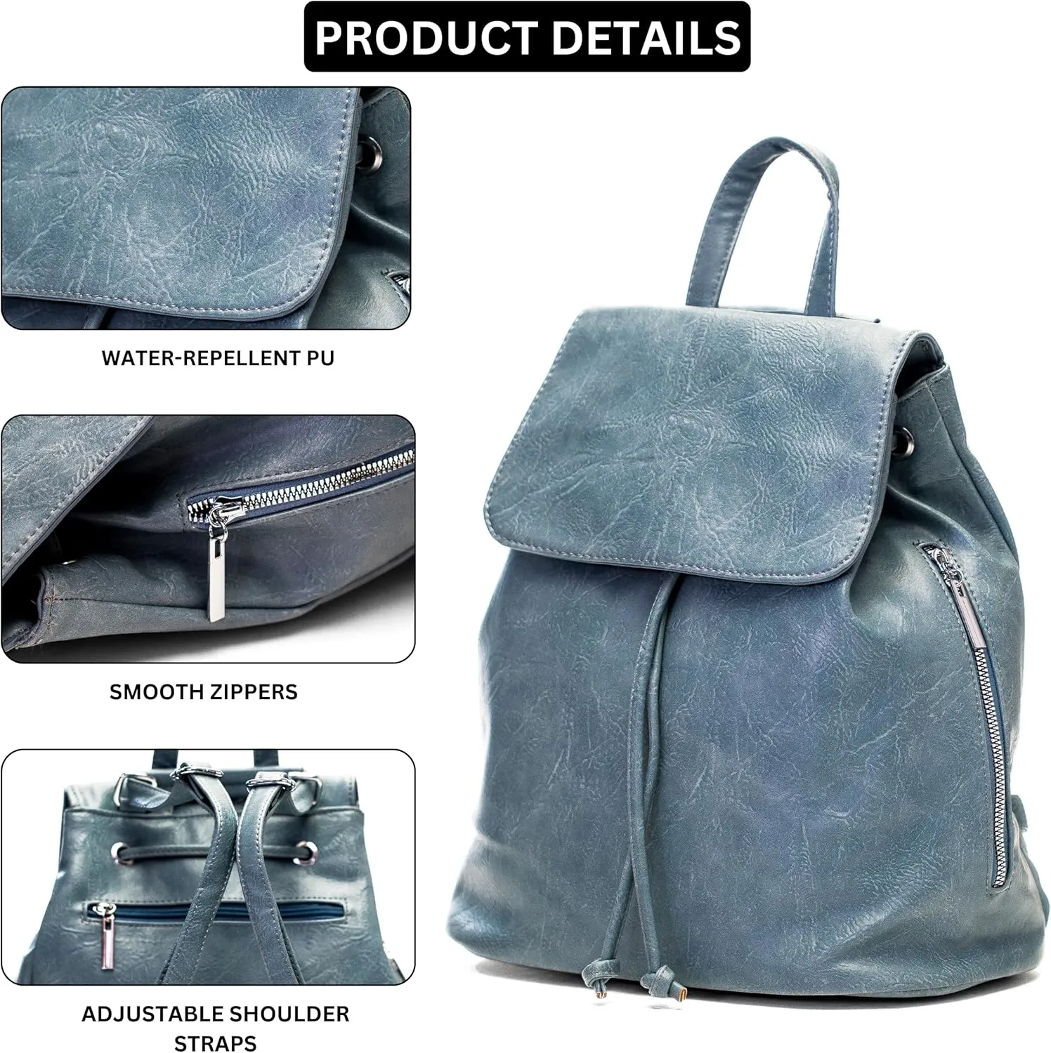 Stylish Flap Top Backpack for Women  Travel & Everyday Faux Leather Rucksack with Zip Pockets  Jude (Light Blue)
