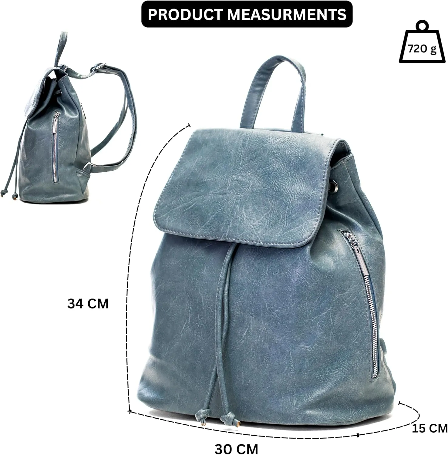 Stylish Flap Top Backpack for Women  Travel & Everyday Faux Leather Rucksack with Zip Pockets  Jude (Light Blue)