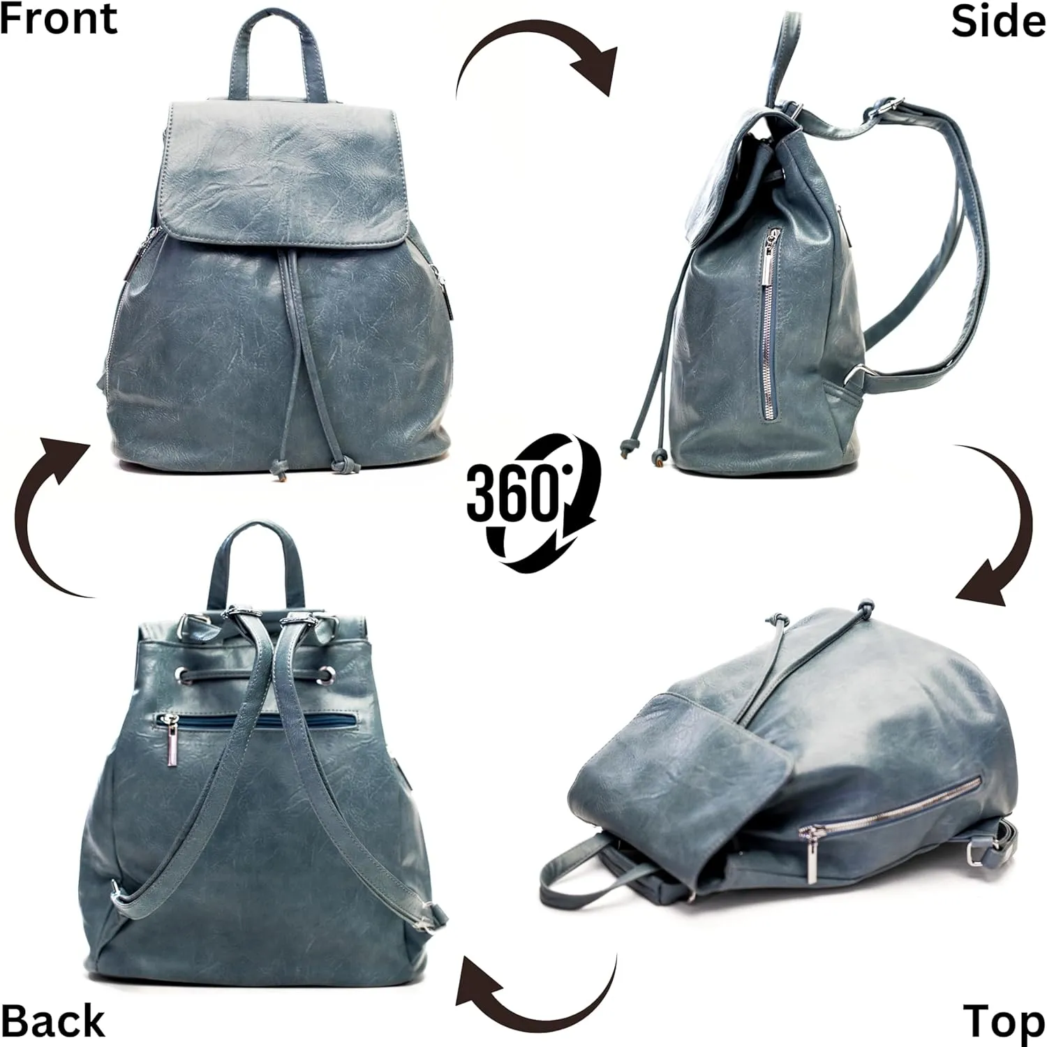 Stylish Flap Top Backpack for Women  Travel & Everyday Faux Leather Rucksack with Zip Pockets  Jude (Light Blue)