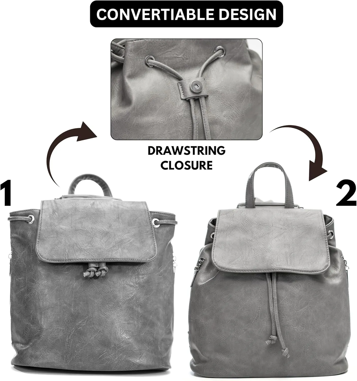 Stylish Flap Top Backpack for Women  Travel & Everyday Faux Leather Rucksack with Zip Pockets  Jude (Light Grey)