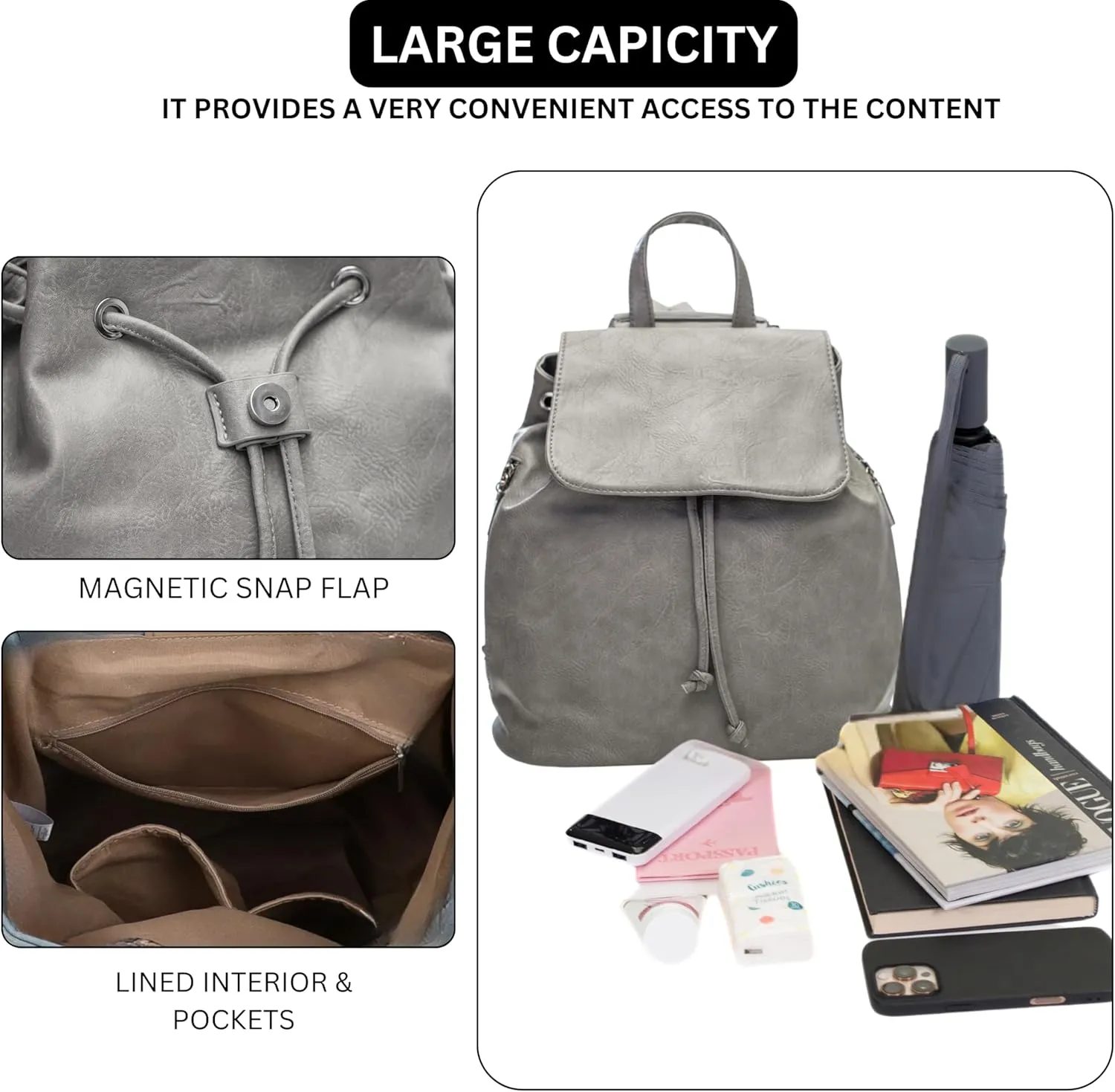 Stylish Flap Top Backpack for Women  Travel & Everyday Faux Leather Rucksack with Zip Pockets  Jude (Light Grey)