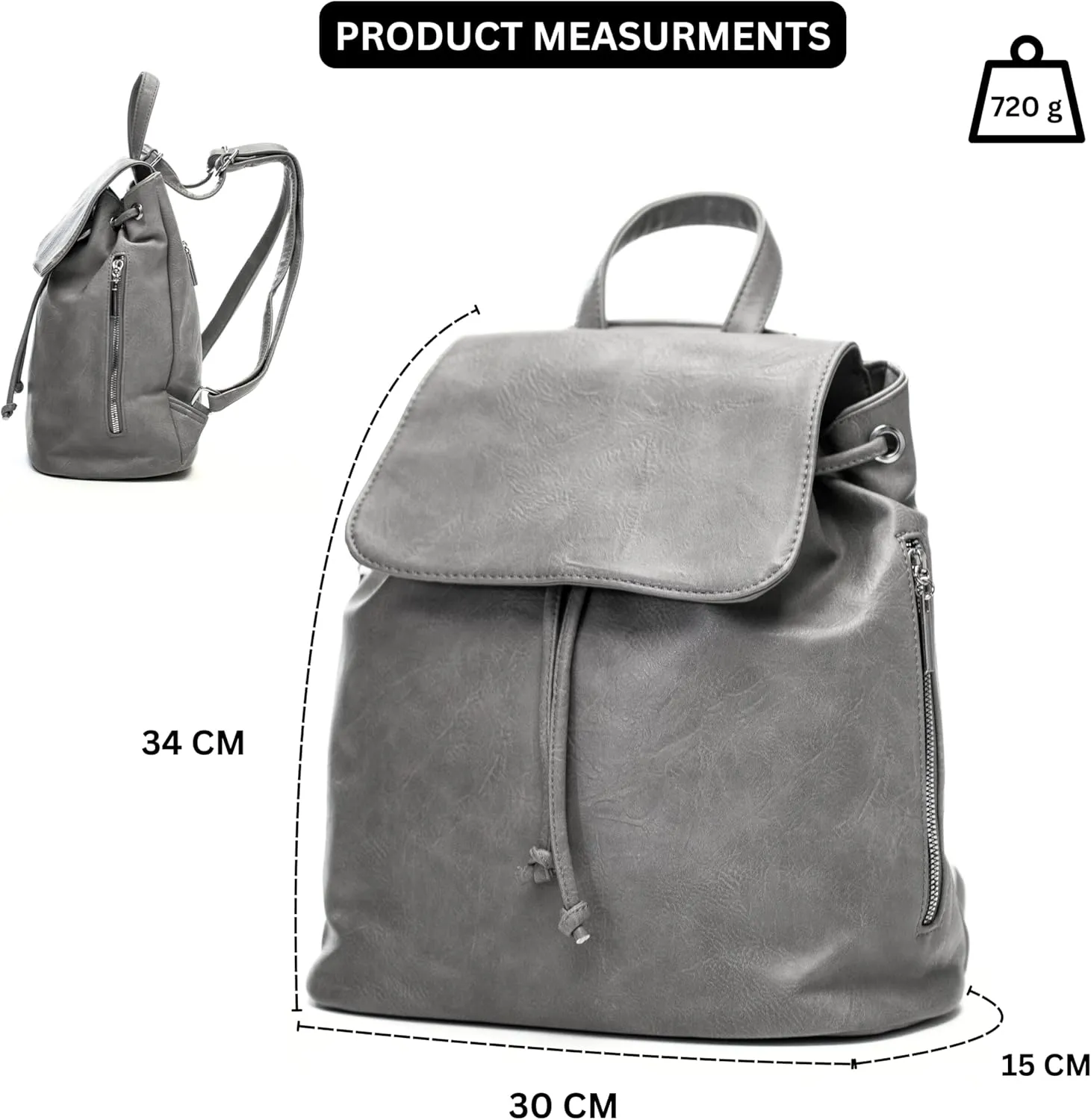 Stylish Flap Top Backpack for Women  Travel & Everyday Faux Leather Rucksack with Zip Pockets  Jude (Light Grey)