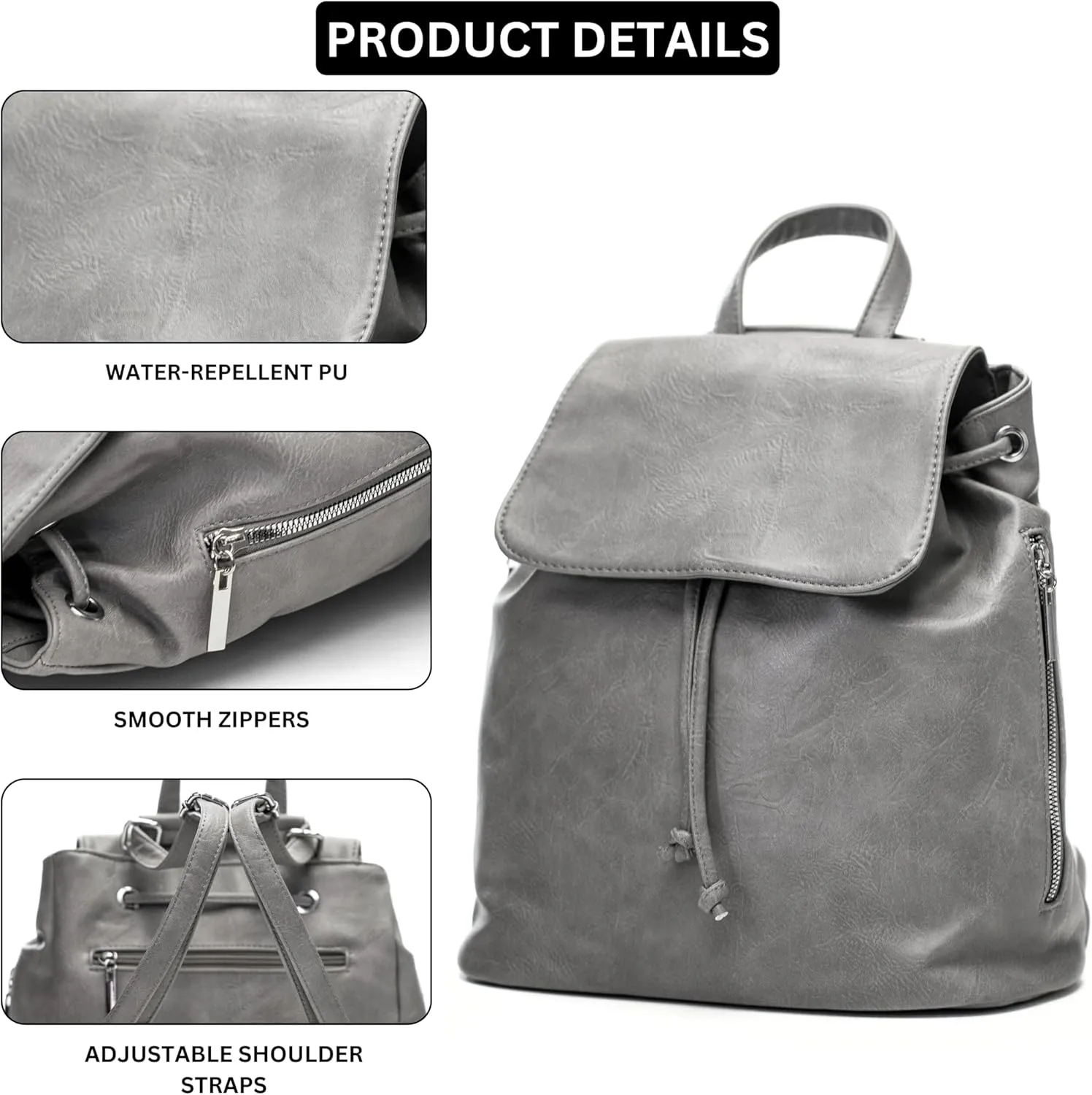 Stylish Flap Top Backpack for Women  Travel & Everyday Faux Leather Rucksack with Zip Pockets  Jude (Light Grey)