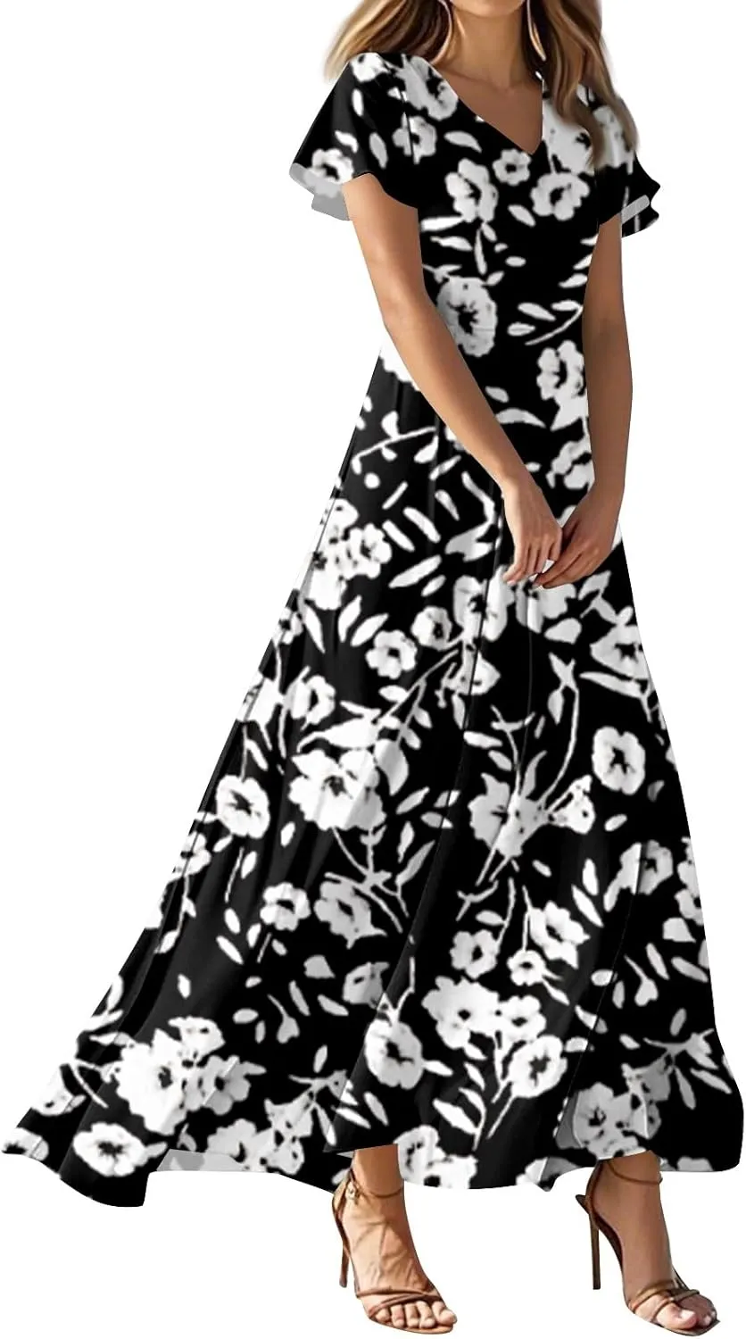 Summer Maxi Dresses for Women 2025 Vacation Short Sleeve V Neck Floral Dress Flowy A Line Wrap Casual Beach Sundress