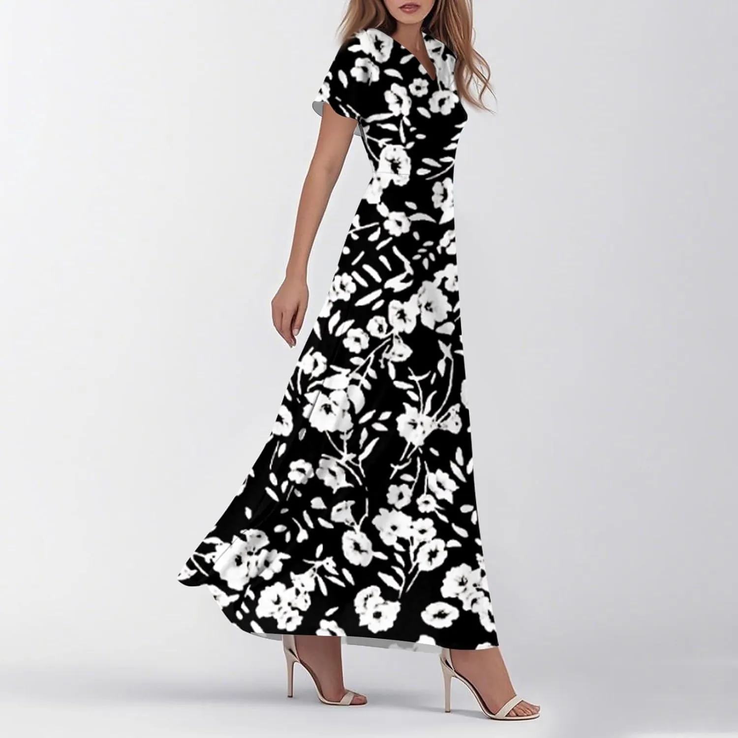 Summer Maxi Dresses for Women 2025 Vacation Short Sleeve V Neck Floral Dress Flowy A Line Wrap Casual Beach Sundress