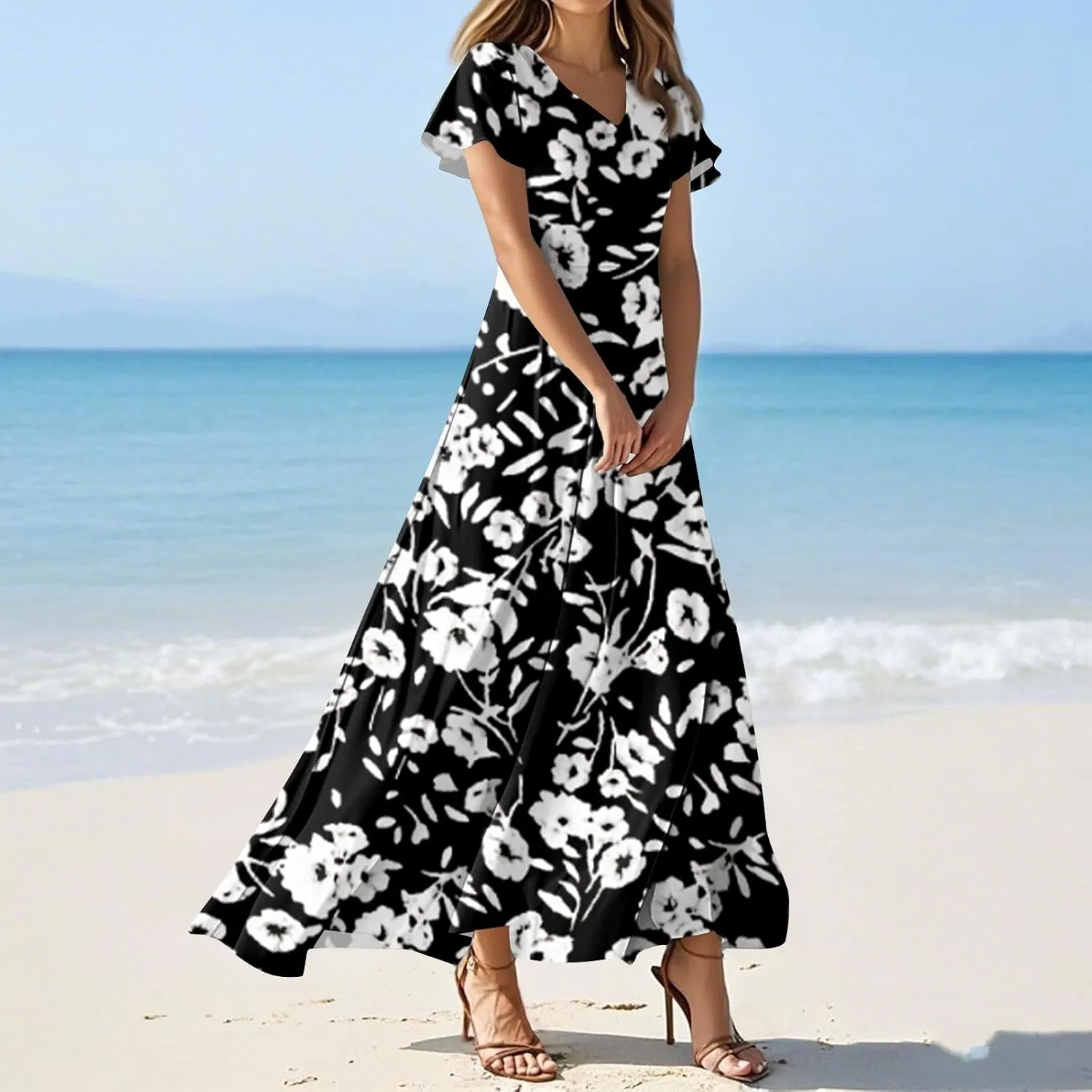 Summer Maxi Dresses for Women 2025 Vacation Short Sleeve V Neck Floral Dress Flowy A Line Wrap Casual Beach Sundress
