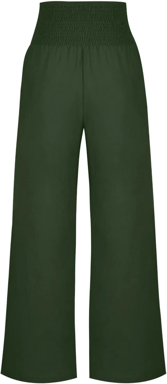 Summer Pants for Women Trendy 2024 High Waist Wide Leg Palazzo Pant Casual Loose Cotton Linen Lounge Trousers