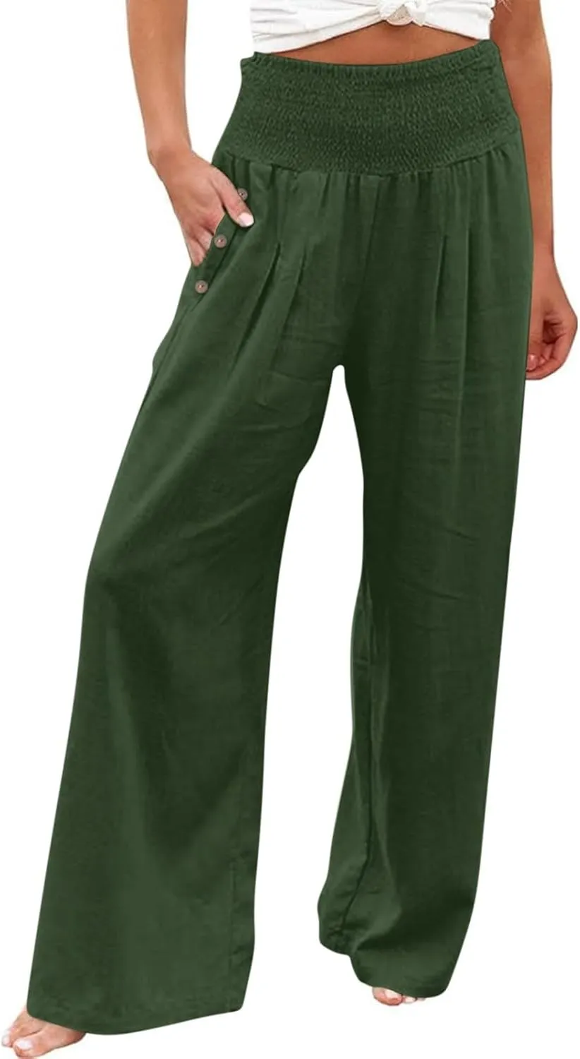 Summer Pants for Women Trendy 2024 High Waist Wide Leg Palazzo Pant Casual Loose Cotton Linen Lounge Trousers