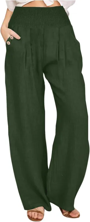 Summer Pants for Women Trendy 2024 High Waist Wide Leg Palazzo Pant Casual Loose Cotton Linen Lounge Trousers