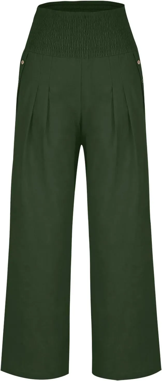 Summer Pants for Women Trendy 2024 High Waist Wide Leg Palazzo Pant Casual Loose Cotton Linen Lounge Trousers