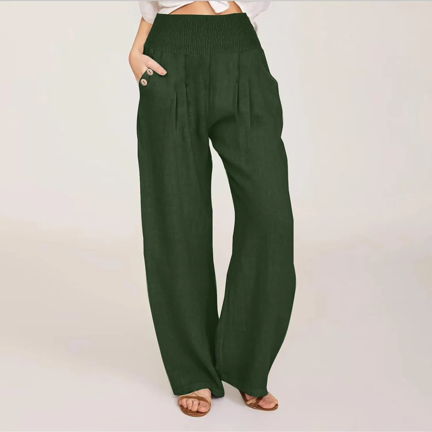 Summer Pants for Women Trendy 2024 High Waist Wide Leg Palazzo Pant Casual Loose Cotton Linen Lounge Trousers