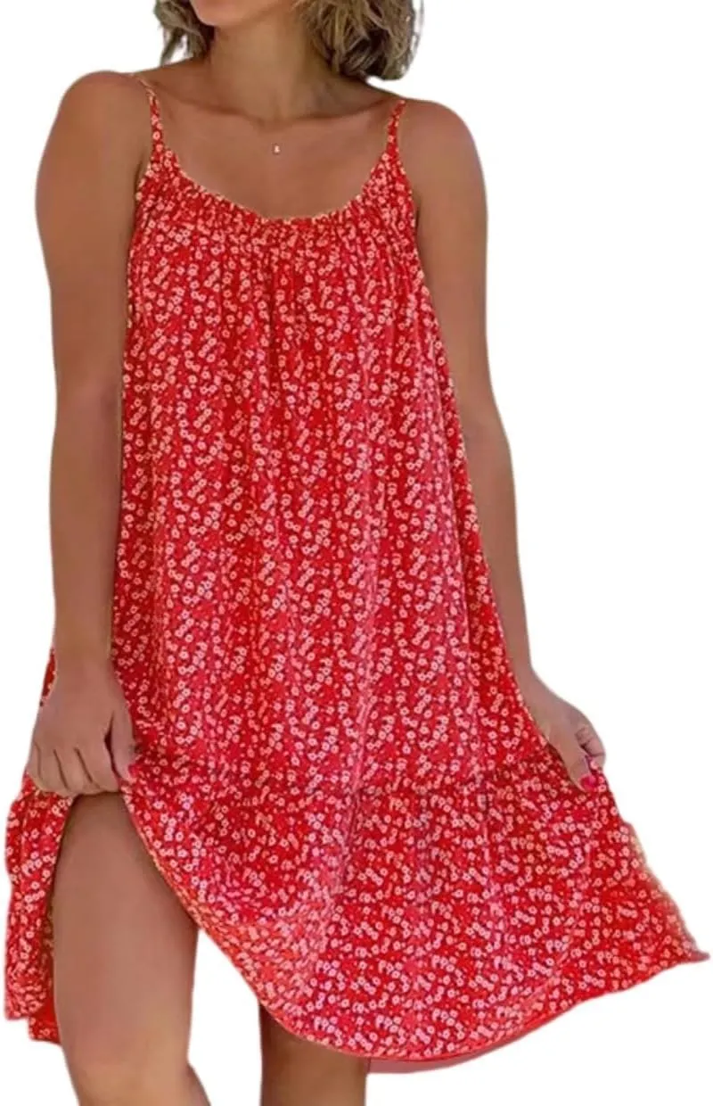 Summer Pink Cami Bloom Dress for Women,Pink Sundress,Boho Sun Beach Dresses,CamiBloom - Floral Printed Camisole Dress