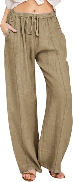 Summer Wide Leg Pants for Women Lightweight Cotton Linen Pant Button Solid Drawstring Elastic Waist Pants with Pockets