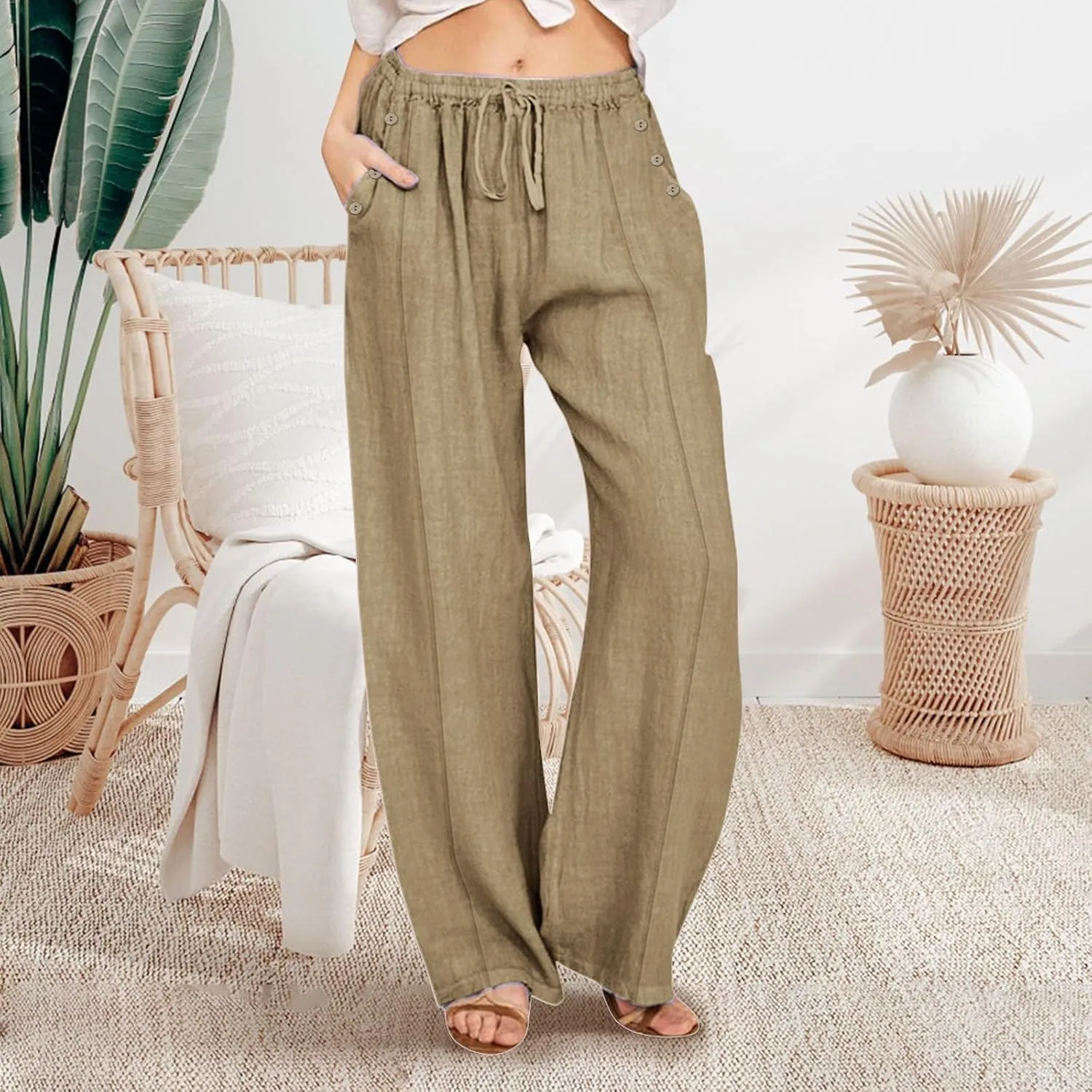 Summer Wide Leg Pants for Women Lightweight Cotton Linen Pant Button Solid Drawstring Elastic Waist Pants with Pockets
