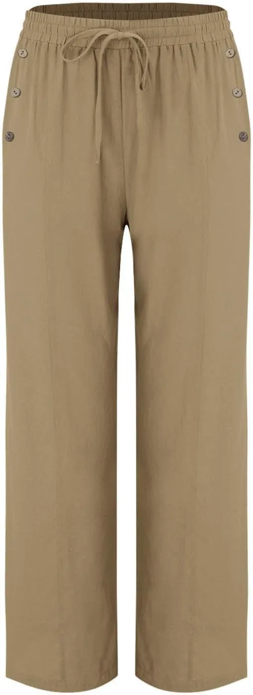 Summer Wide Leg Pants for Women Lightweight Cotton Linen Pant Button Solid Drawstring Elastic Waist Pants with Pockets