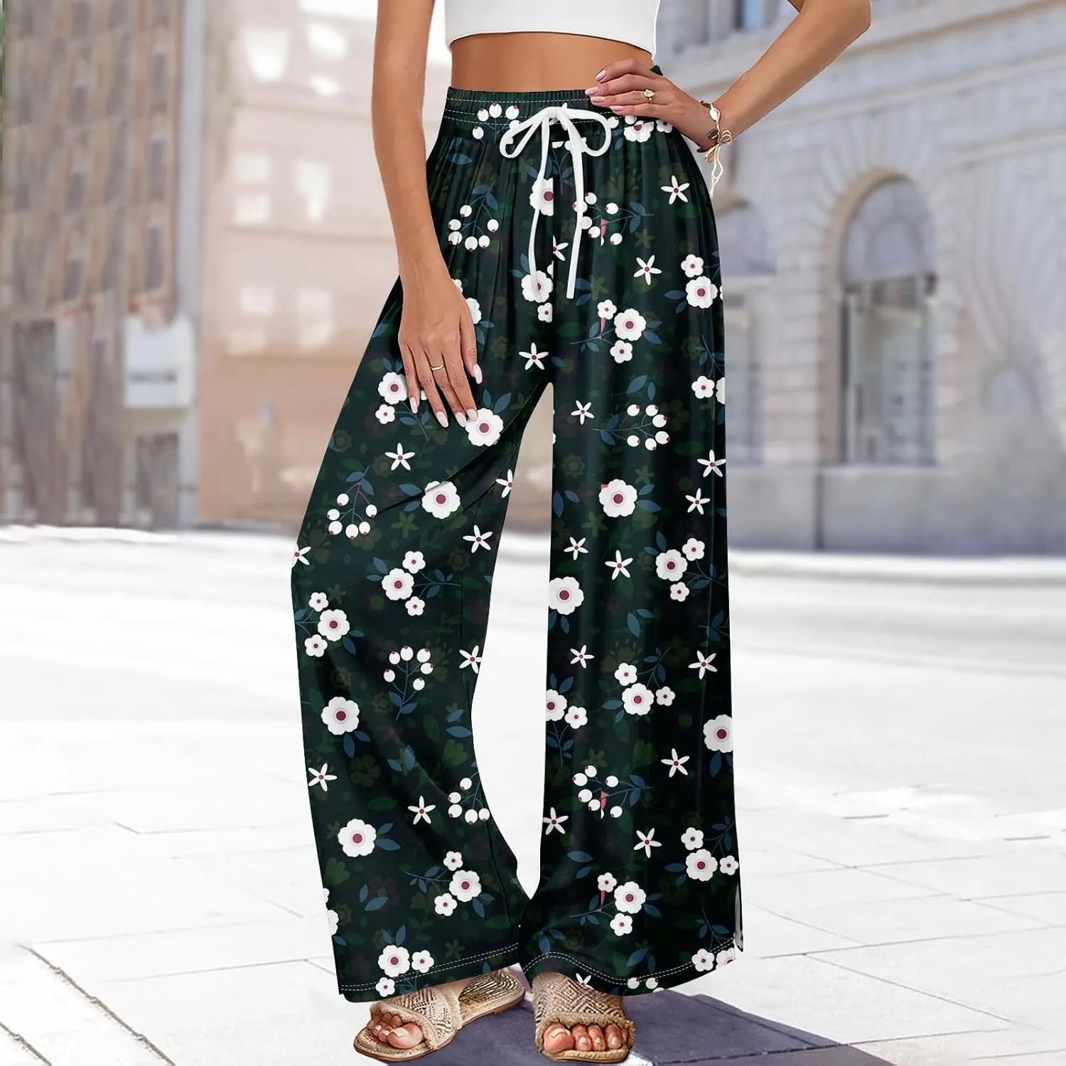 Summer Wide Leg Pants High Waistd Beach Palazzo Pants Side Split Drawstring Elastic Waist Floral Print Pockets Trouser