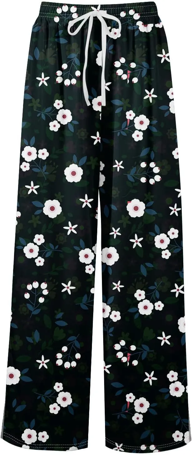 Summer Wide Leg Pants High Waistd Beach Palazzo Pants Side Split Drawstring Elastic Waist Floral Print Pockets Trouser
