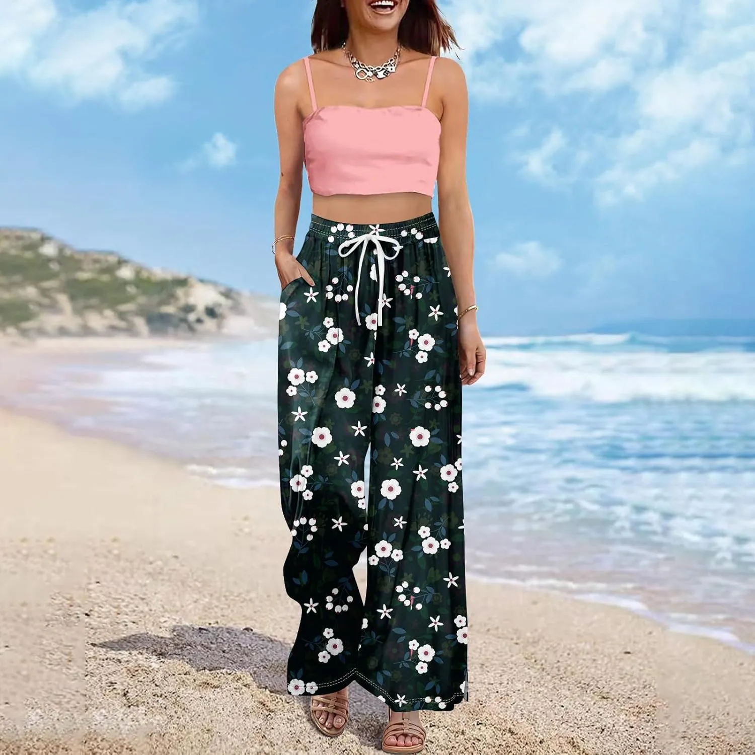 Summer Wide Leg Pants High Waistd Beach Palazzo Pants Side Split Drawstring Elastic Waist Floral Print Pockets Trouser